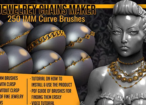 珠宝链条制造商 250 ZBrush 曲线 IMM 刷 - Jewelry Chains Maker 250 ZBrush Curve IMM Brushes