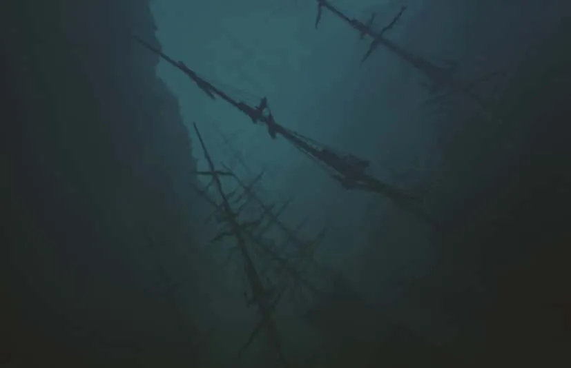 海湾水下潜航船鱼岩石场景 Bay submerged ships