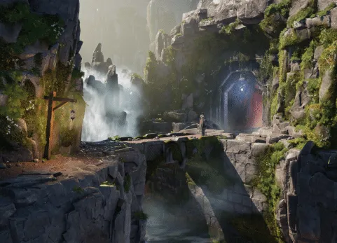 中世纪瀑布石桥悬崖遗迹洞窟场景素材 - Waterfall Bridge