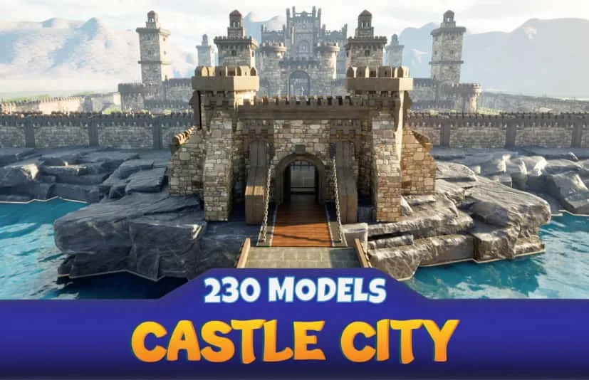 卡通中世纪城堡城市房屋场景-Medieval Castle City