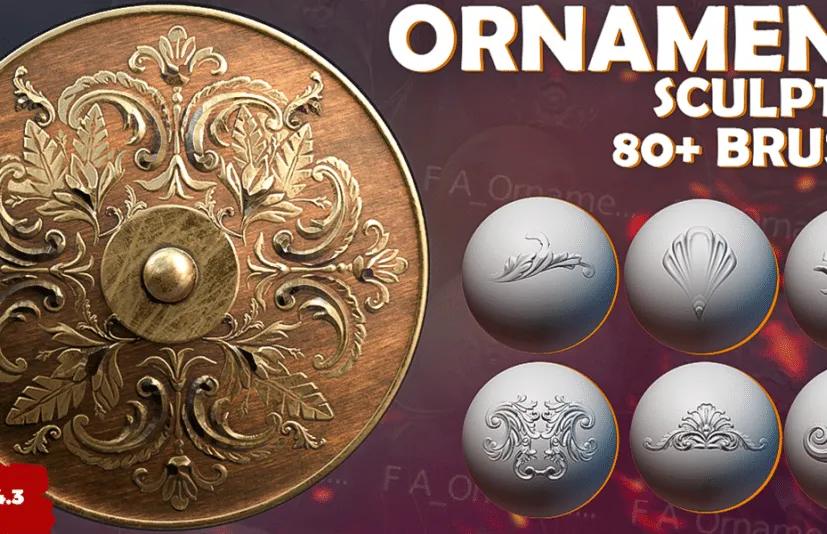 blender笔刷 Ornaments Brushes 83个笔刷雕刻盔甲武器中世纪墙壁
