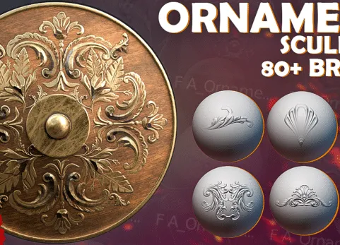 blender笔刷 Ornaments Brushes 83个笔刷雕刻盔甲武器中世纪墙壁