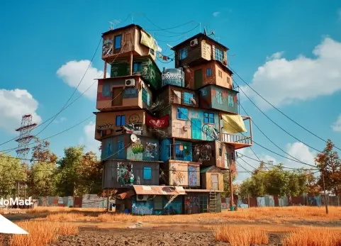 堆叠贫民窟房屋 – 多彩的城市生存环境 Stacked Slum House – Colorful Urban Survival Environment