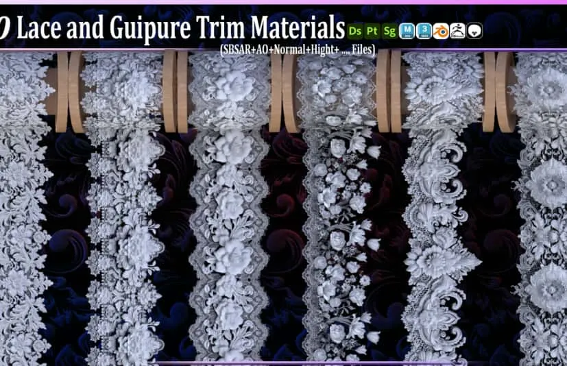 50种蕾丝和凸纹花边装饰材料（SBSAR + 纹理）……第24卷  50 Lace and Guipure Trim Materials Vol24