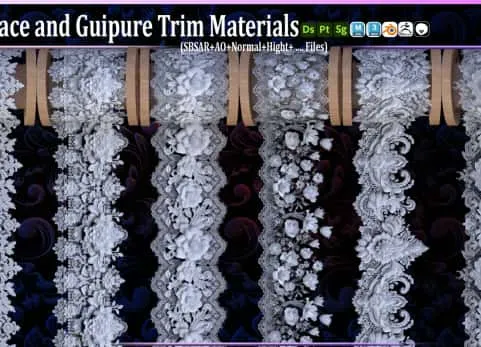 50种蕾丝和凸纹花边装饰材料（SBSAR + 纹理）……第24卷  50 Lace and Guipure Trim Materials Vol24