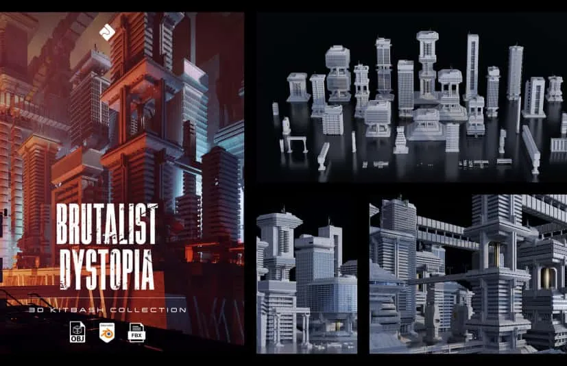 野兽派反乌托邦城市建筑、结构与模块化环境3D资产包 Urban Buildings, Structures & Modular