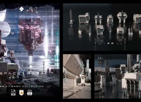 太空基地 - 科幻模块、建筑与环境资产 3D 拼接素材包  space base sci-fi buildings and assets 3d-kit
