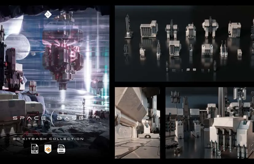 太空基地 - 科幻模块、建筑与环境资产 3D 拼接素材包  space base sci-fi buildings and assets 3d-kit