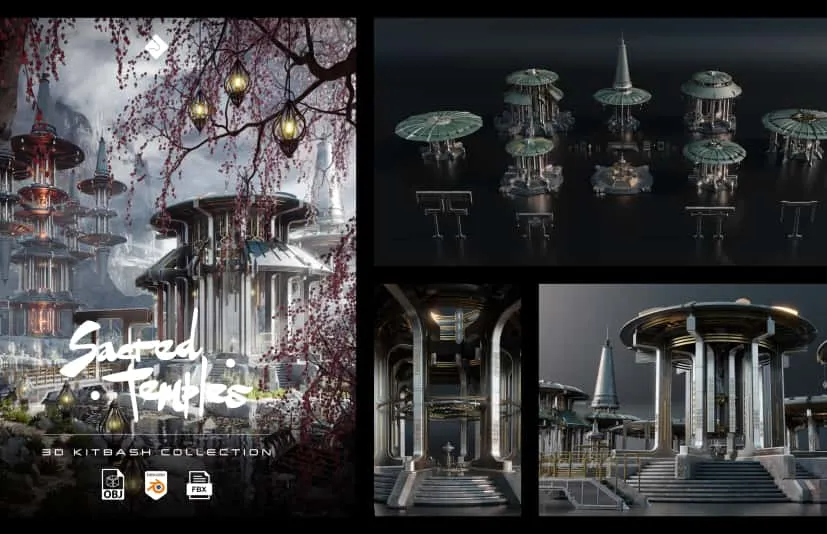 神圣寺庙 - 亚洲风格建筑与环境资产3D组合套件包  Sacred Temples - Asian Styled Buildings & Environment Assets 3D Kitbash Pack