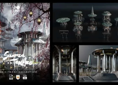 神圣寺庙 - 亚洲风格建筑与环境资产3D组合套件包  Sacred Temples - Asian Styled Buildings & Environment Assets 3D Kitbash Pack