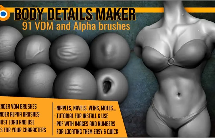 Blender的身体细节Vdm笔刷  Body Details Vdm Brushes For Blender