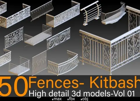 50个围栏 - 第01卷 - 模型拼贴 - 高细节3D模型 50 Fences- Vol 01- Kitbash- High detail 3d models
