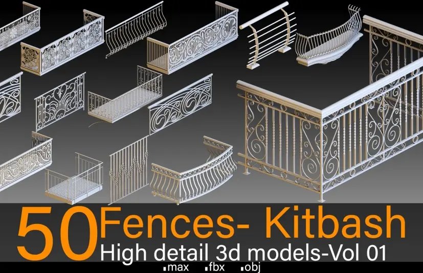 50个围栏 - 第01卷 - 模型拼贴 - 高细节3D模型 50 Fences- Vol 01- Kitbash- High detail 3d models