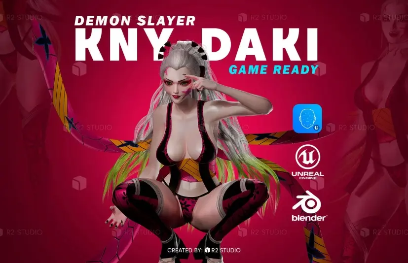 《鬼灭之刃》堕姬的3D模型 Daki - UE5 - Blender 3D Model Low-poly 3D model