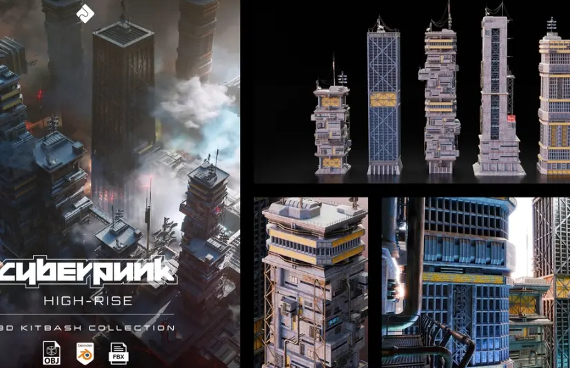 高层建筑 - 赛博未来主义3D拼搭包 High Rise - Cyber Futuristic 3D Kitbash Pack