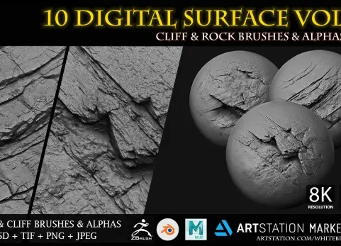 10款数字地表岩石和悬崖笔刷及阿尔法通道第08卷 10 Digital Surface Rock & Cliff Brushes & Alphas Vol.08 - ZBrush/Blender/Mudbox/3dcoat