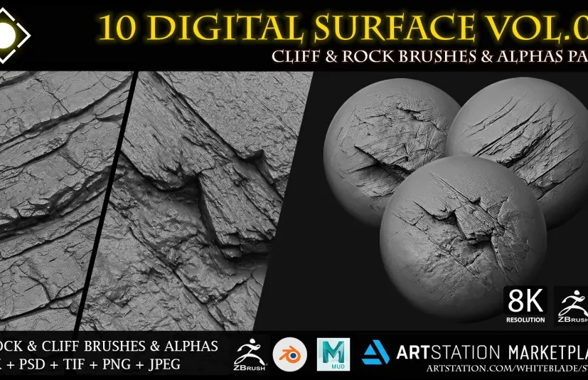 10款数字地表岩石和悬崖笔刷及阿尔法通道第08卷 10 Digital Surface Rock & Cliff Brushes & Alphas Vol.08 - ZBrush/Blender/Mudbox/3dcoat