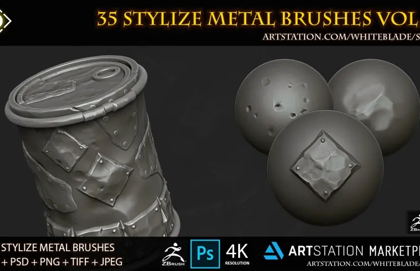 35款风格化金属画笔和4K阿尔法通道第01卷 35 Stylize Metal Brushes and 4K Alphas Vol.01