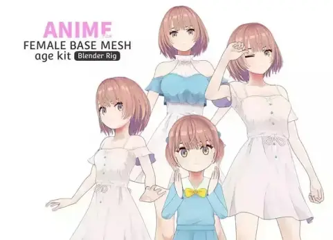 动漫女性基础网格年龄套件低多边形3D模型 Anime Female Base Mesh Age Kit v1.1