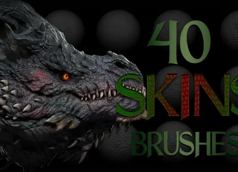 40款龙与爬行动物皮肤笔刷 Zbrush + Blender - 40 Dragons and Reptiles Skins Brushes