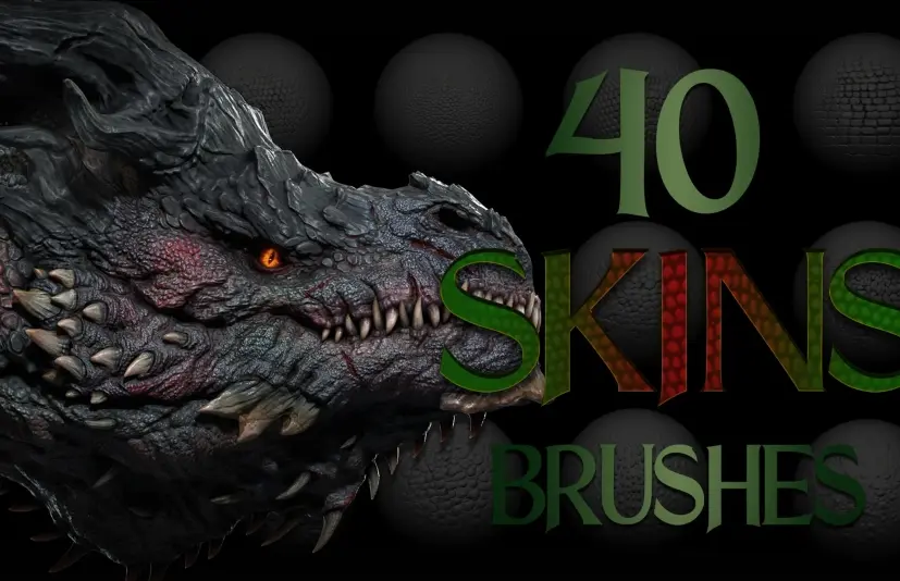 40款龙与爬行动物皮肤笔刷 Zbrush + Blender - 40 Dragons and Reptiles Skins Brushes