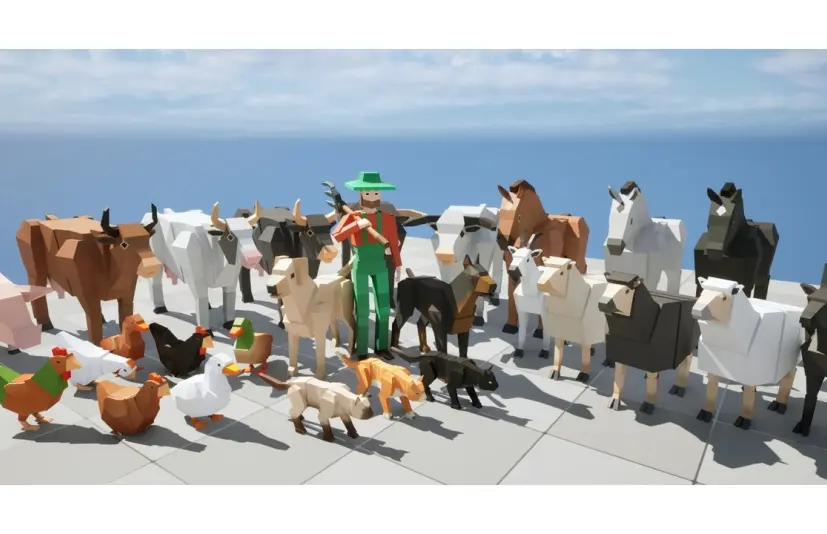 卡通农场动物与农夫——3D低多边形方块风格 Animated Farm Animals & Farmer- 3D LOW POLY Cubic