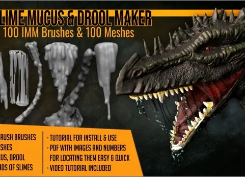 黏液与口水效果生成器 100款笔刷 + 100个OBJ模型文件 Slime Mucus and Drool Maker 100 Brushes and 100 OBJs