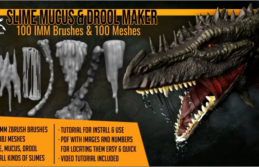 黏液与口水效果生成器 100款笔刷 + 100个OBJ模型文件 Slime Mucus and Drool Maker 100 Brushes and 100 OBJs