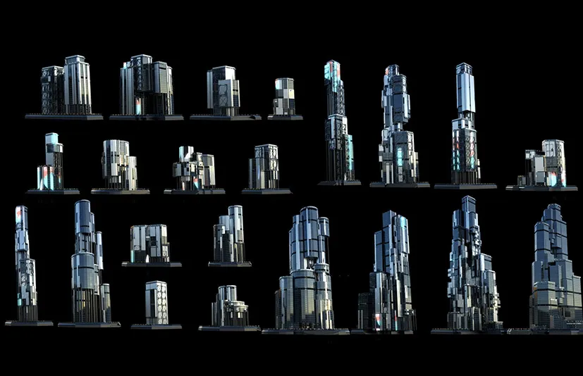 30个科幻建筑集合资产包-30+ Sci-Fi Modern City Buildings Kitbash Pack