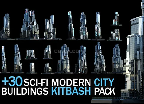 30个科幻建筑集合资产包-30+ Sci-Fi Modern City Buildings Kitbash Pack