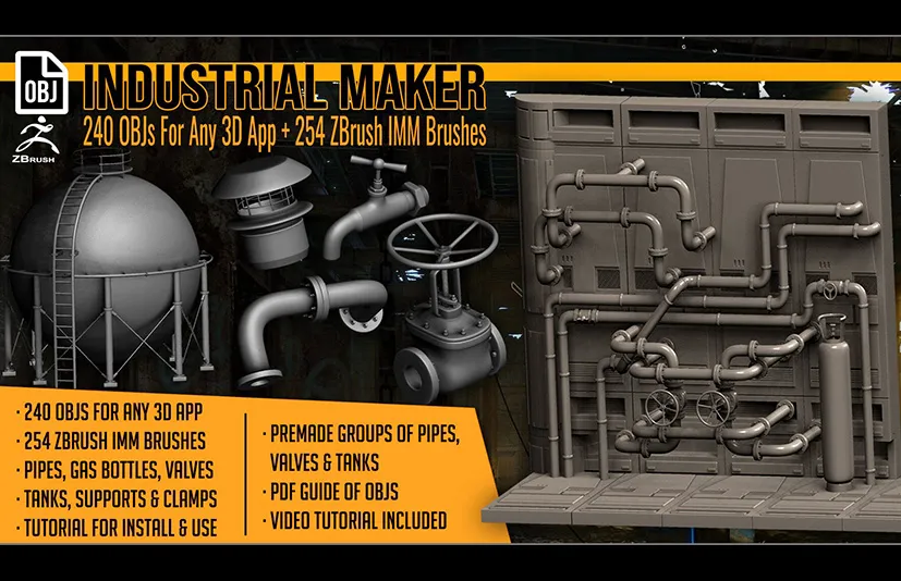 工业管道 - Industrial Maker 240 OBJs and 254 ZBrush IMM Brushes