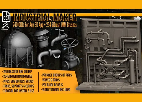 工业管道 - Industrial Maker 240 OBJs and 254 ZBrush IMM Brushes