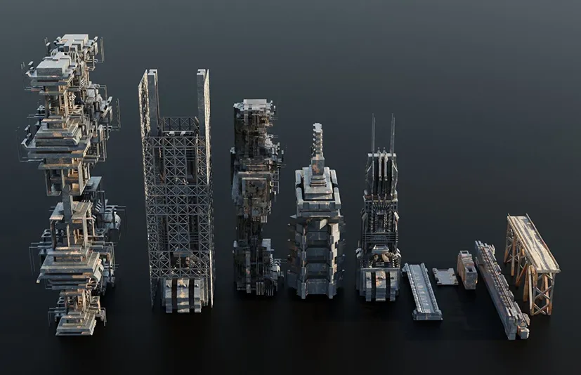 旧反乌托邦建筑套装3D模型 - Old Dystopic Buildings set 3D model