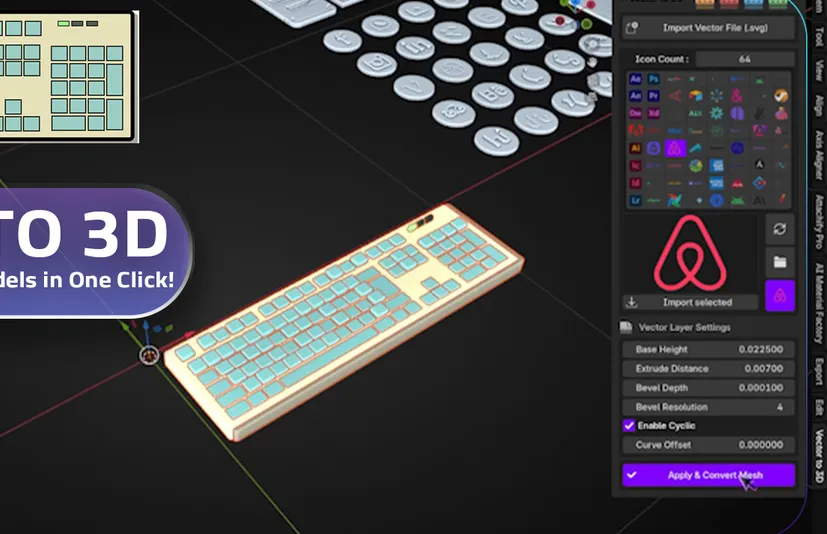 blender插件 Vector to 3D v1.0.0 一键SVG矢量图形转高质量3D模型