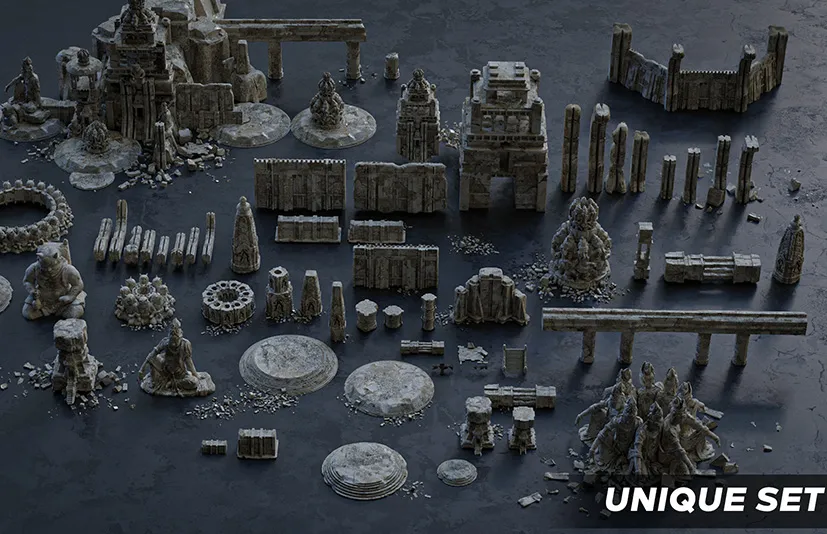 古寺30 寺庙的古老废墟3D拼贴资产包 - Ancient Temple 30 Old ruins of the temple 3D Kitbash Asset Pack