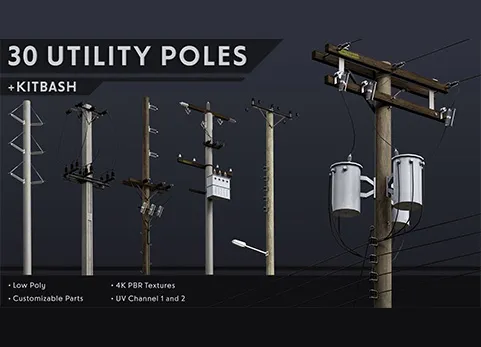 Blender 30根低多边形实用电线杆模型 - 30 Low Poly Utility Poles
