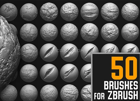 50个ZBrush土壤墙壁裂纹裂缝笔刷合集-Brush Pack Vol.1