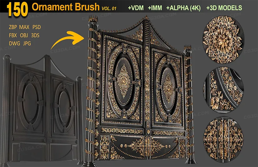 装饰品笔刷和模型-150 Ornament Brushes and Alphas + 3D Models VOL 01