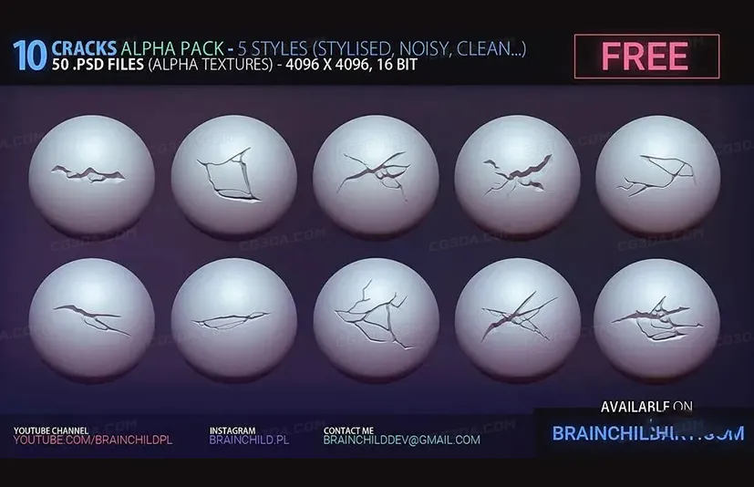 38款岩石裂缝笔刷-Alpha Brushes - Zbrush  Blender