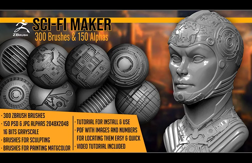 科幻笔刷 - Sci-Fi Maker 300 ZBrush Brushes And 150 Alphas