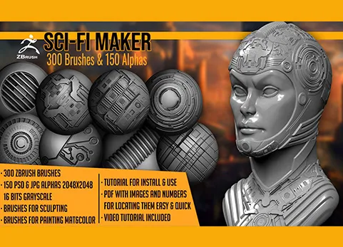 科幻笔刷 - Sci-Fi Maker 300 ZBrush Brushes And 150 Alphas