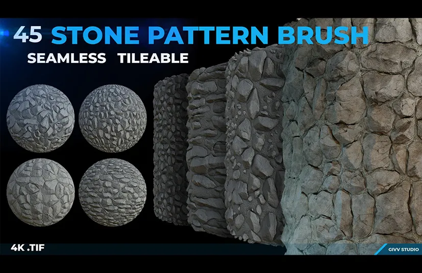 石头纹理笔刷 - 45 Stone Pattern Brush (4k Seamless Tileable .tif)