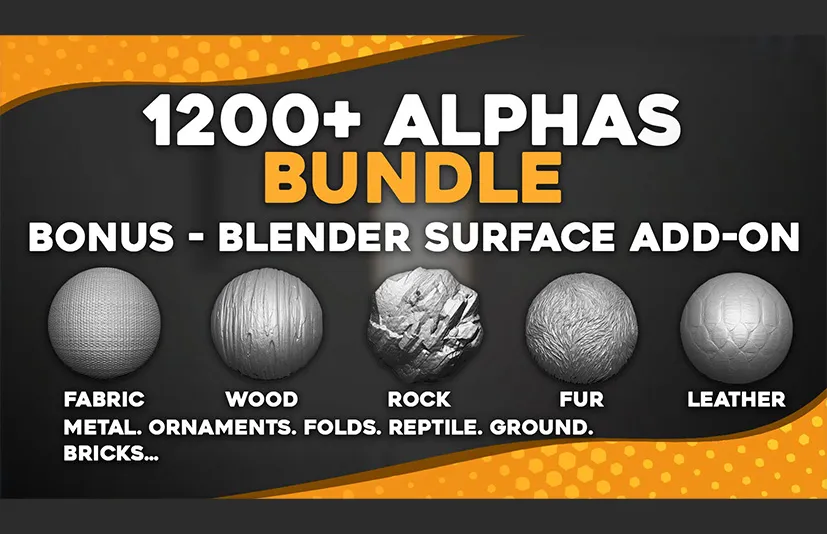 笔刷包 - 1200+ Alphas Bundle for ZBrush, Blender. Surface Add-on for Blender.