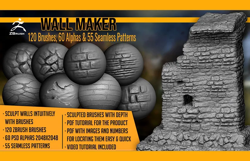 破墙笔刷 - Wall Maker 120 ZBrush Brushes, 60 Alphas, and 55 Patterns