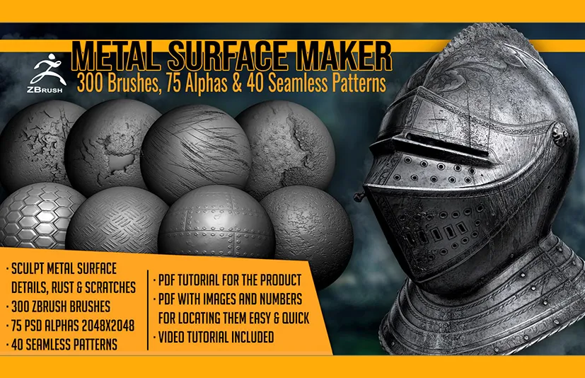 金属锈迹划痕磨损笔刷 - Metal Surface Maker 300 ZBrush Brushes, 75 Alphas, and 40 Patterns