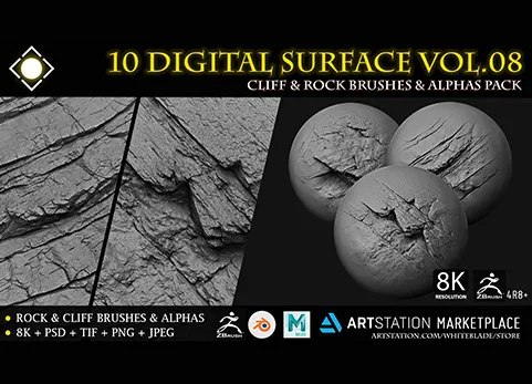 岩石山崖笔刷 - 10 Digital Surface Rock & Cliff Brushes & Alphas Vol.08