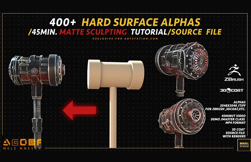 400+硬表面Alpha - 400+ HARD SURFACE ALPHAS / 45MIN. MATTE SCULPTING TUTORIAL / SOURCE FILE
