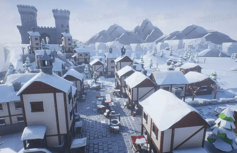 风格化冬季城镇-Lowpoly Style Winter Environment