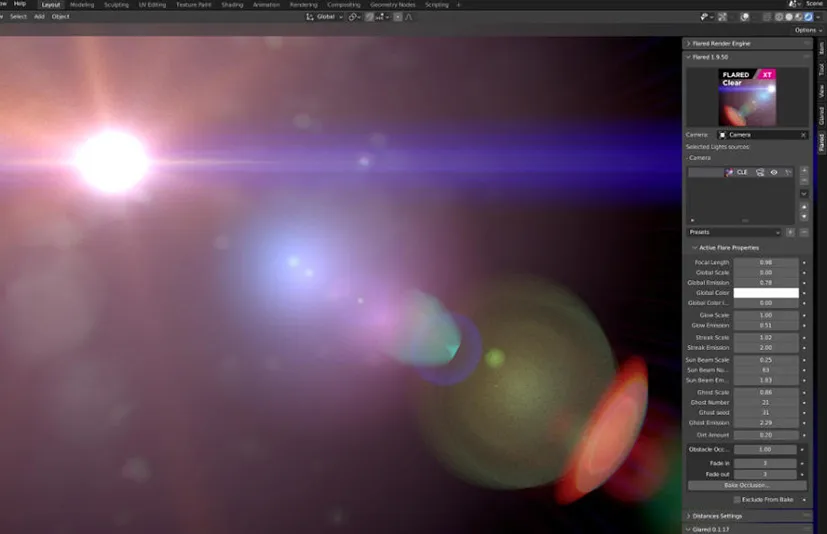 Blender实时镜头眩光、耀斑、 光影后期特效渲染插件 Flared VFX v2