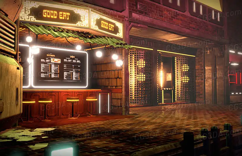 赛博朋克城镇-Cyberpunk Alley Storefronts Pack